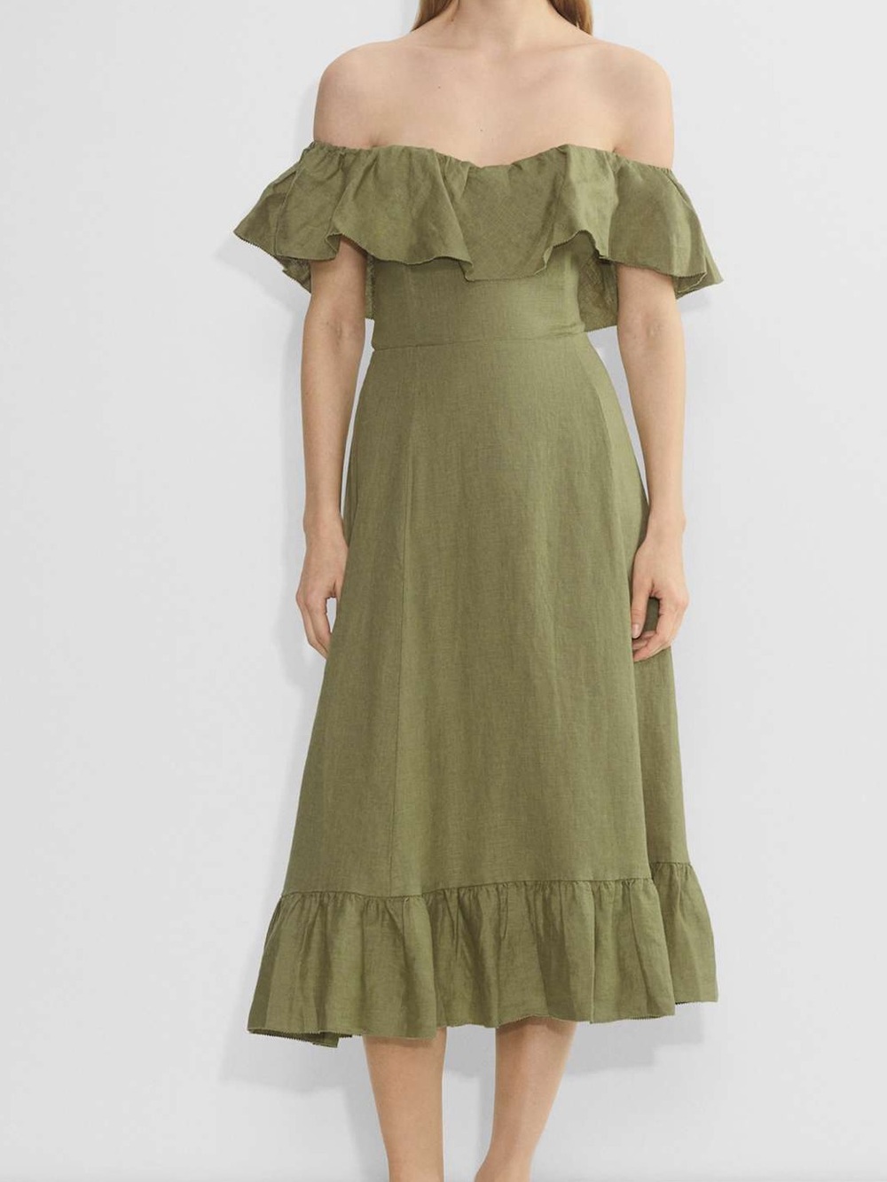 Wilfred Aritzia Marmion Olive Off-Shoulder Linen Midi Dress Size 00